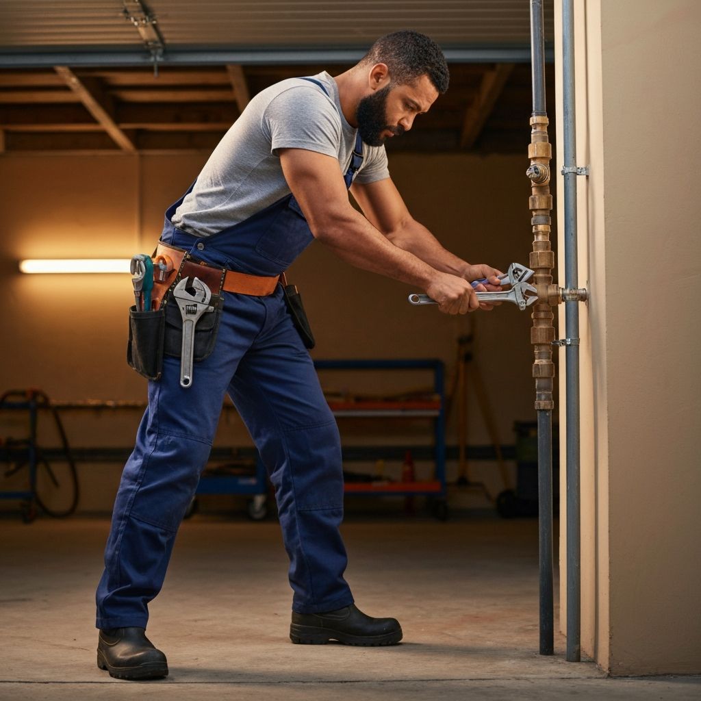 Plumber using electronic leak detection equipment on a water pipe